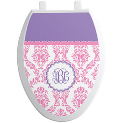 Pink, White & Purple Damask Toilet Seat Decal - Elongated (Personalized)
