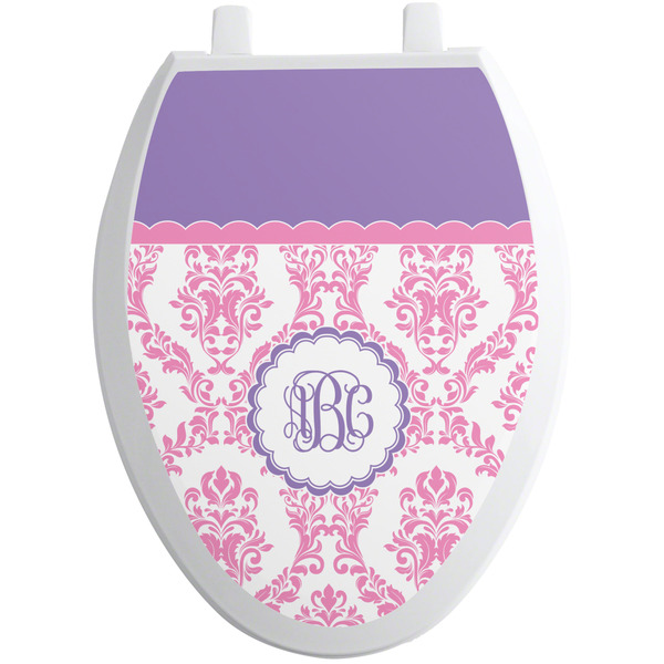 Custom Pink, White & Purple Damask Toilet Seat Decal - Elongated (Personalized)