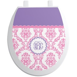 Pink, White & Purple Damask Toilet Seat Decal - Round (Personalized)