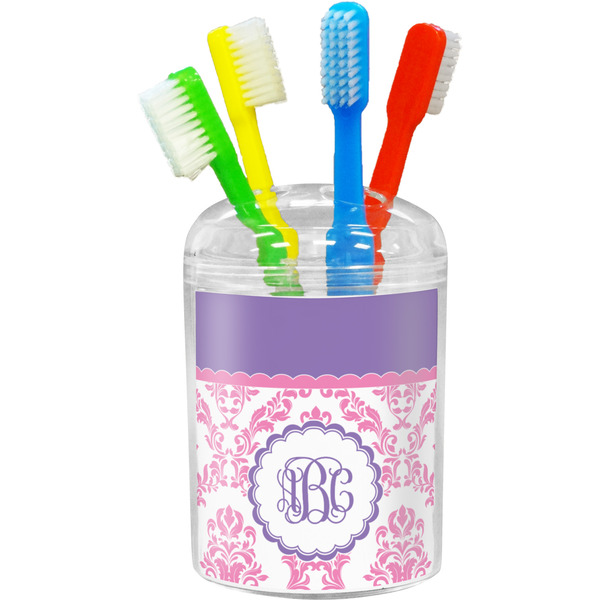 Custom Pink, White & Purple Damask Toothbrush Holder (Personalized)