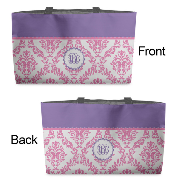 Pink, White & Purple Damask Tote w/Black Handles - Front & Back Views