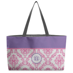 Pink, White & Purple Damask Beach Totes Bag - w/ Black Handles (Personalized)