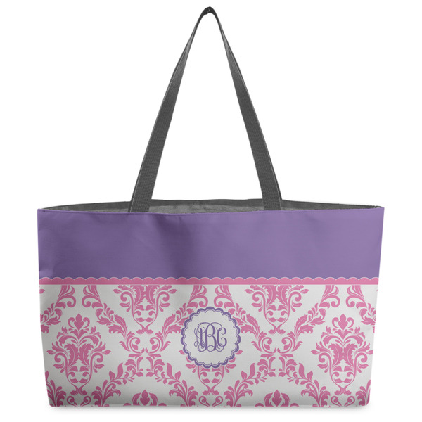 Custom Pink, White & Purple Damask Beach Totes Bag - w/ Black Handles (Personalized)