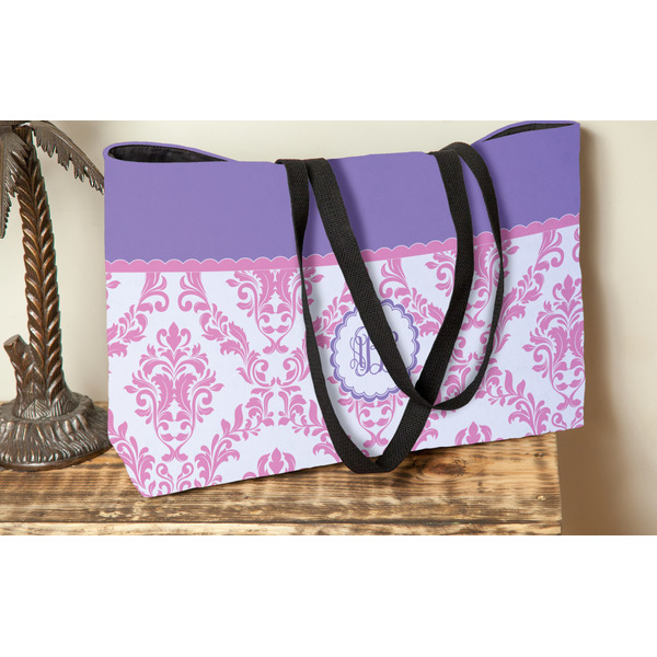 Pink, White & Purple Damask Tote w/Black Handles - Lifestyle View