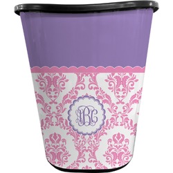 Pink, White & Purple Damask Waste Basket - Single Sided (Black) (Personalized)