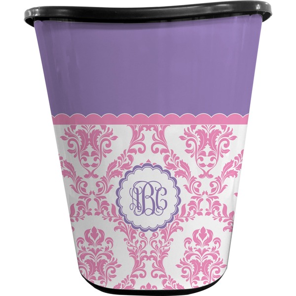 Custom Pink, White & Purple Damask Waste Basket - Double Sided (Black) (Personalized)