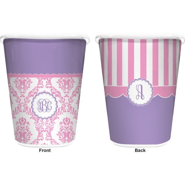 Pink, White & Purple Damask Trash Can White - Front and Back - Apvl