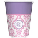 Pink, White & Purple Damask Waste Basket - Single Sided (White) (Personalized)