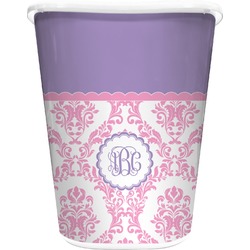 Pink, White & Purple Damask Waste Basket - Single Sided (White) (Personalized)