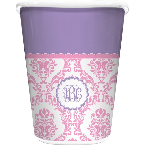 Custom Pink, White & Purple Damask Waste Basket - Single Sided (White) (Personalized)
