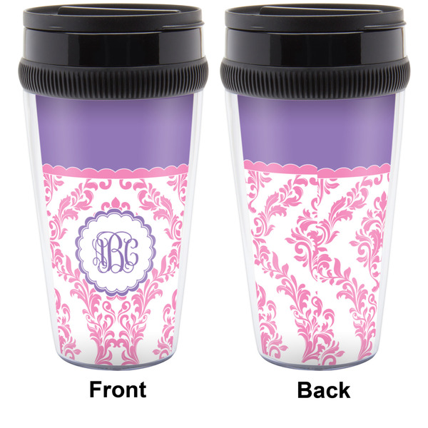 Pink, White & Purple Damask Travel Mug Approval (Personalized)