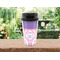Pink, White & Purple Damask Travel Mug Lifestyle (Personalized)