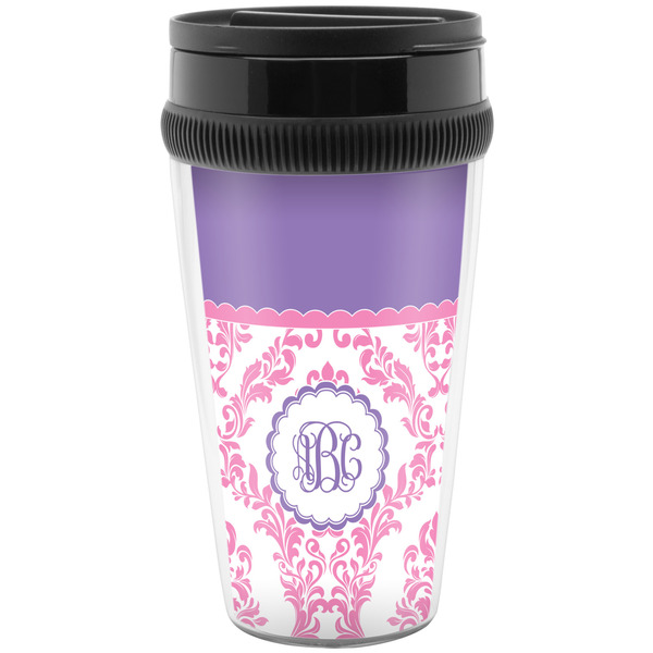Custom Pink, White & Purple Damask Acrylic Travel Mug without Handle (Personalized)