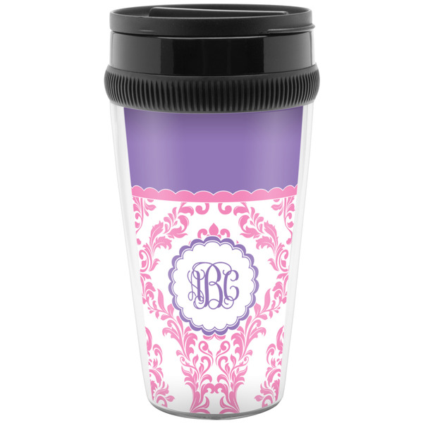 Pink, White & Purple Damask Travel Mug (Personalized)
