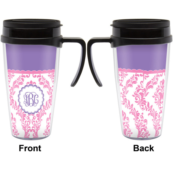 Pink, White & Purple Damask Travel Mug with Black Handle - Approval