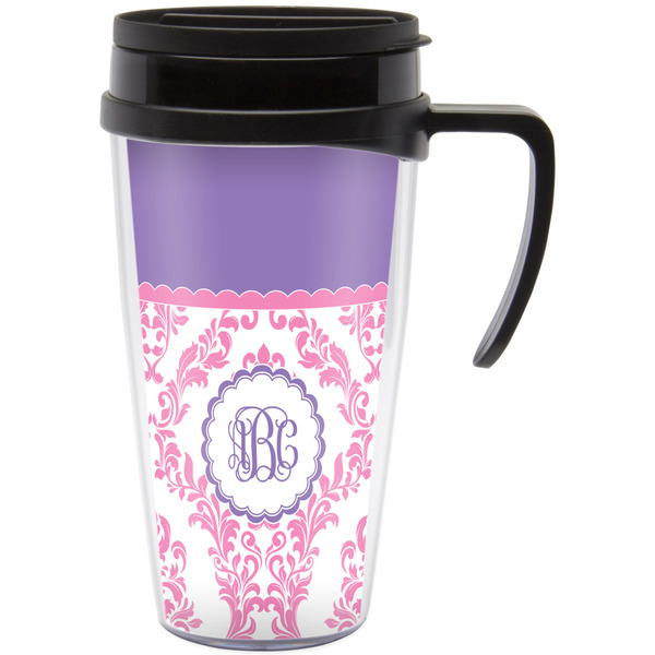 Custom Pink, White & Purple Damask Acrylic Travel Mug with Handle (Personalized)