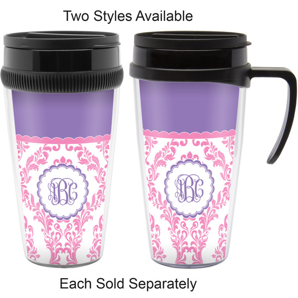 Pink, White & Purple Damask Travel Mugs - with & without Handle