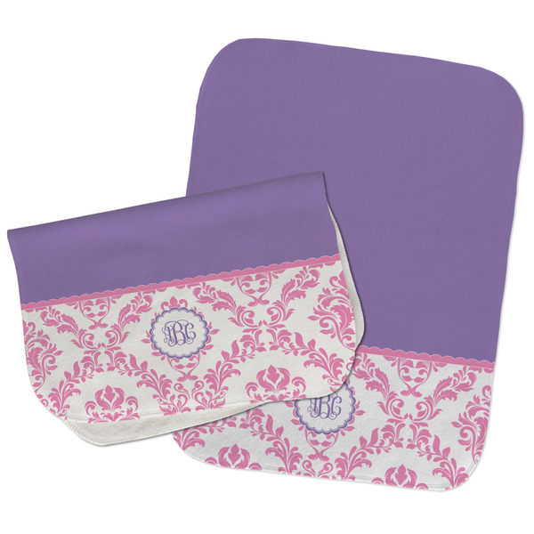 Custom Pink, White & Purple Damask Burp Cloths - Fleece - Set of 2 w/ Monogram