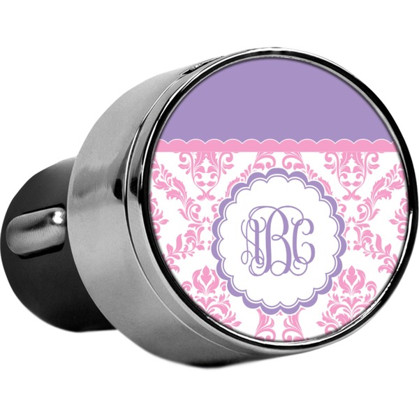 Custom Pink, White & Purple Damask USB Car Charger (Personalized)