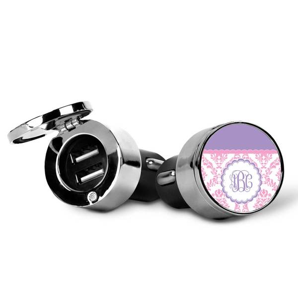 Pink, White & Purple Damask USB Car Charger