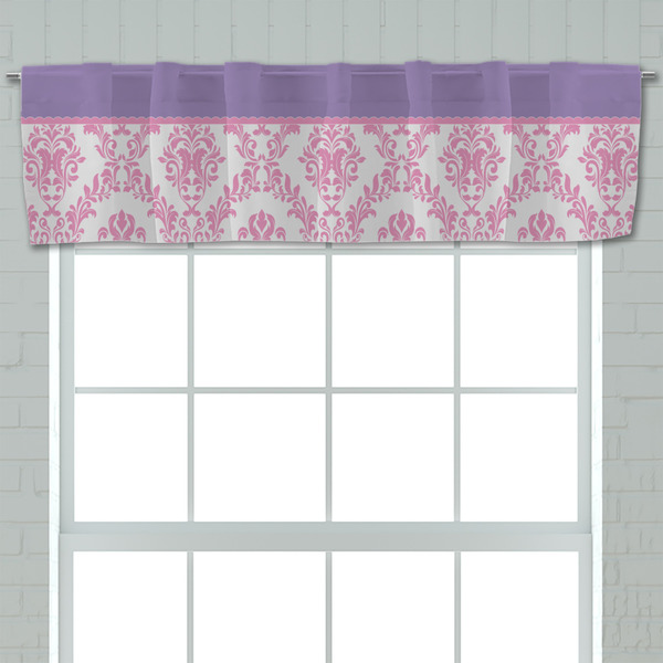 Pink, White & Purple Damask Valance - Closeup on window
