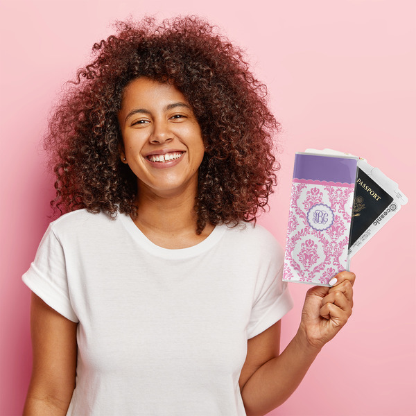 Pink, White & Purple Damask Vinyl Document Holder - LIFESTYLE