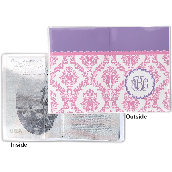 Pink, White & Purple Damask Vinyl Passport Holder - Flat Front and Back