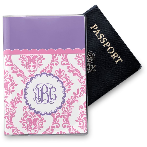 Custom Pink, White & Purple Damask Vinyl Passport Holder (Personalized)