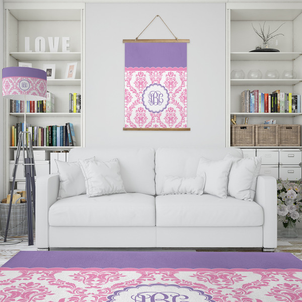 Pink, White & Purple Damask Wall Hanging Tapestry - Portrait - IN CONTEXT
