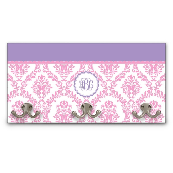 Custom Pink, White & Purple Damask Wall Mounted Coat Rack (Personalized)