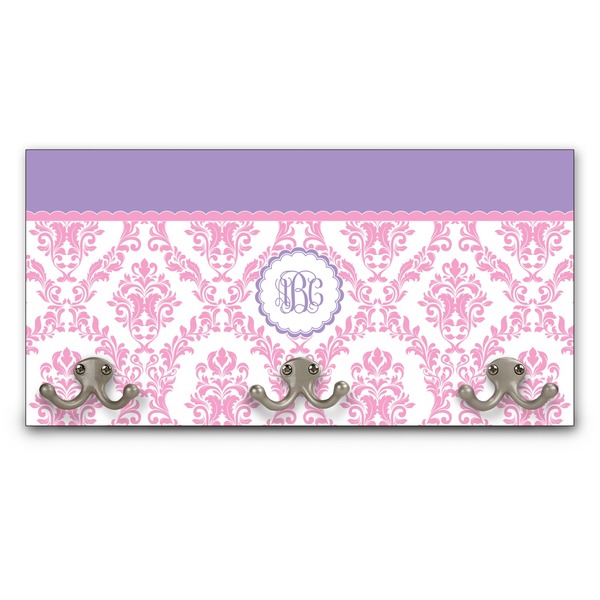 Custom Pink, White & Purple Damask Wall Mounted Coat Rack (Personalized)