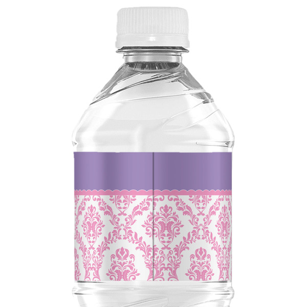 Pink, White & Purple Damask Water Bottle Label - Back View