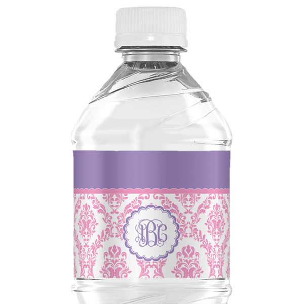 Custom Pink, White & Purple Damask Water Bottle Labels - Custom Sized (Personalized)