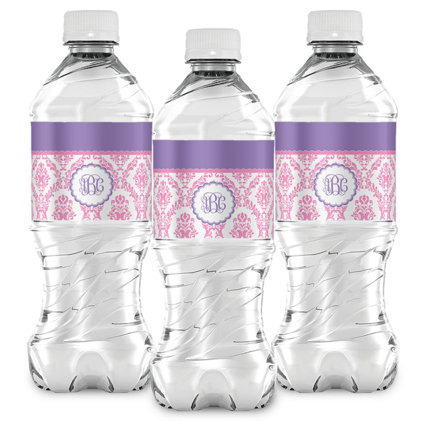 Pink, White & Purple Damask Water Bottle Labels - Front View