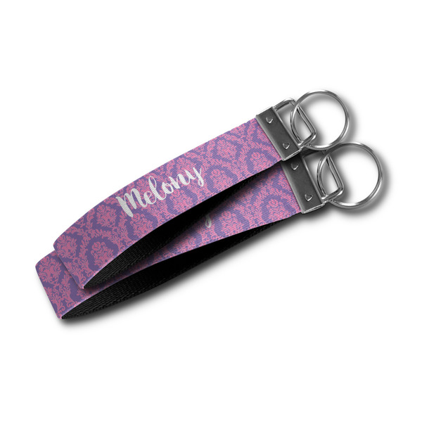 Pink, White & Purple Damask Webbing Keychain FOBs - Size Comparison