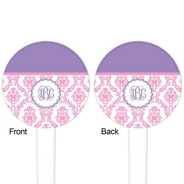 Pink, White & Purple Damask White Plastic 4" Food Pick - Round - Double Sided - Front & Back