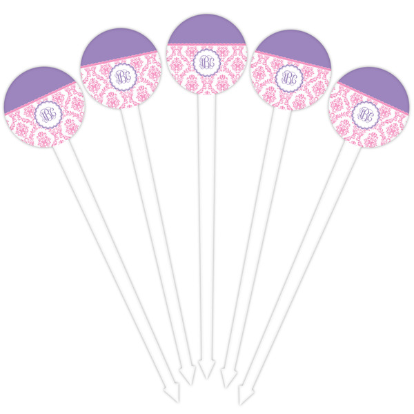 Pink, White & Purple Damask White Plastic 4" Food Pick - Round - Fan View