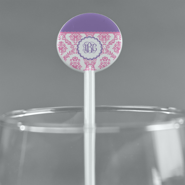 Pink, White & Purple Damask White Plastic 5.5" Stir Stick - Round - Main