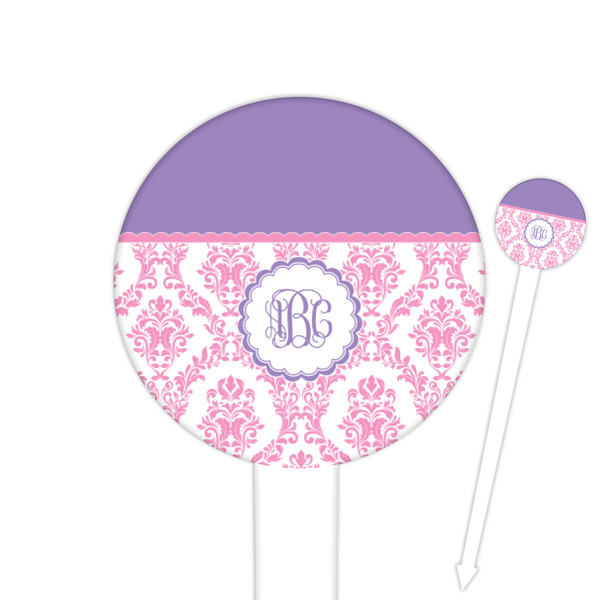 Custom Pink, White & Purple Damask 6" Round Plastic Food Picks - White - Double Sided (Personalized)
