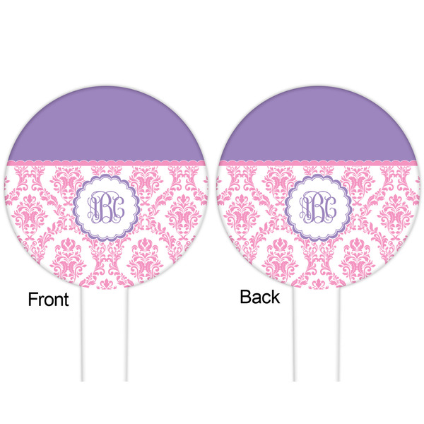 Pink, White & Purple Damask White Plastic 6" Food Pick - Round - Double Sided - Front & Back