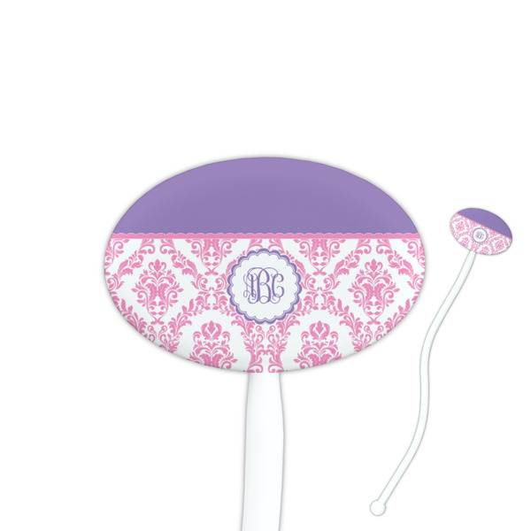 Custom Pink, White & Purple Damask Oval Plastic Stir Sticks (Personalized)