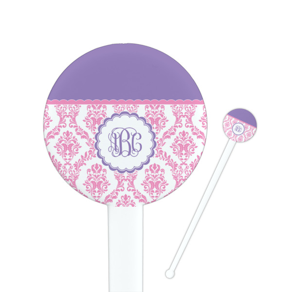 Custom Pink, White & Purple Damask Round Plastic Stir Sticks (Personalized)
