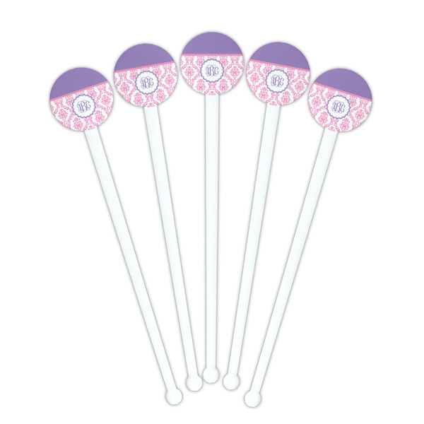 Pink, White & Purple Damask White Plastic 7" Stir Stick - Round - Fan View