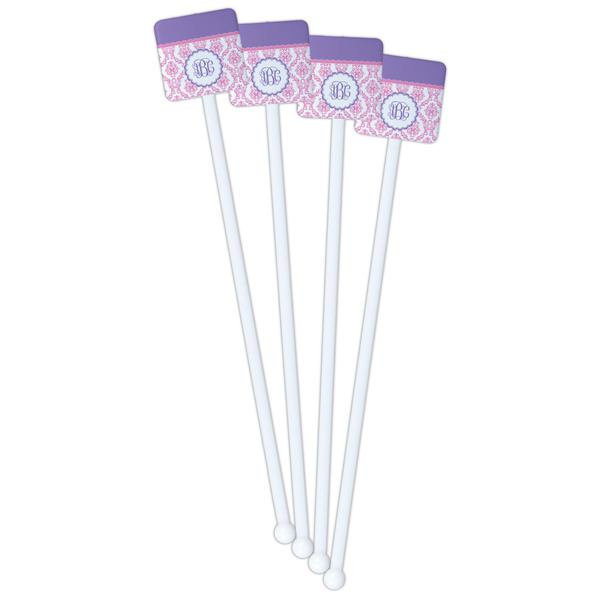 Pink, White & Purple Damask White Plastic Stir Stick - Double Sided - Square - Front