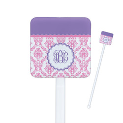 Pink, White & Purple Damask Square Plastic Stir Sticks - Single Sided (Personalized)