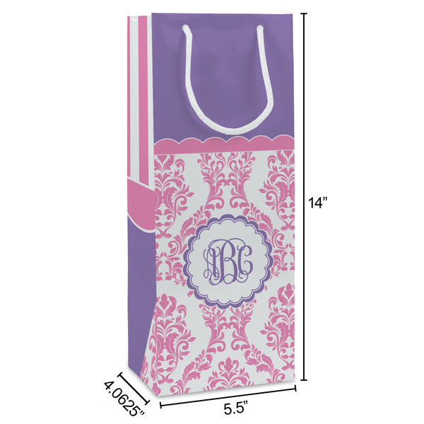 Pink, White & Purple Damask Wine Gift Bag - Dimensions