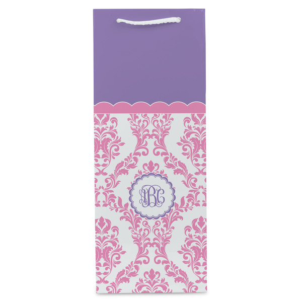 Pink, White & Purple Damask Wine Gift Bag - Matte - Front