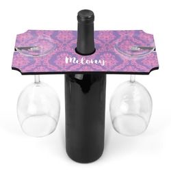 Pink, White & Purple Damask Wine Bottle & Glass Holder (Personalized)