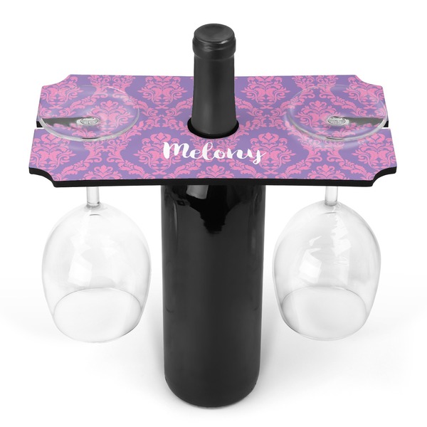 Custom Pink, White & Purple Damask Wine Bottle & Glass Holder (Personalized)