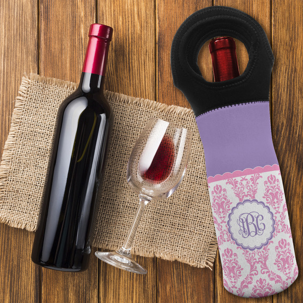 Pink, White & Purple Damask Wine Tote Bag - FLATLAY